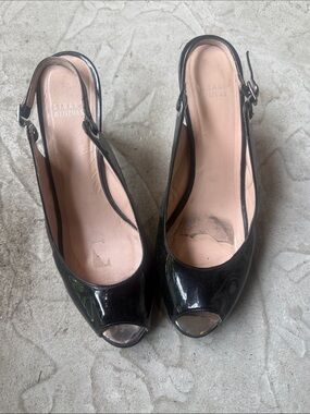 Stuart Weitzman Black Patent Peep-Toe Slingback Pumps